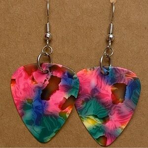 Tie Dye Swirl Upcycled Guitar Pick Dangle Earrings